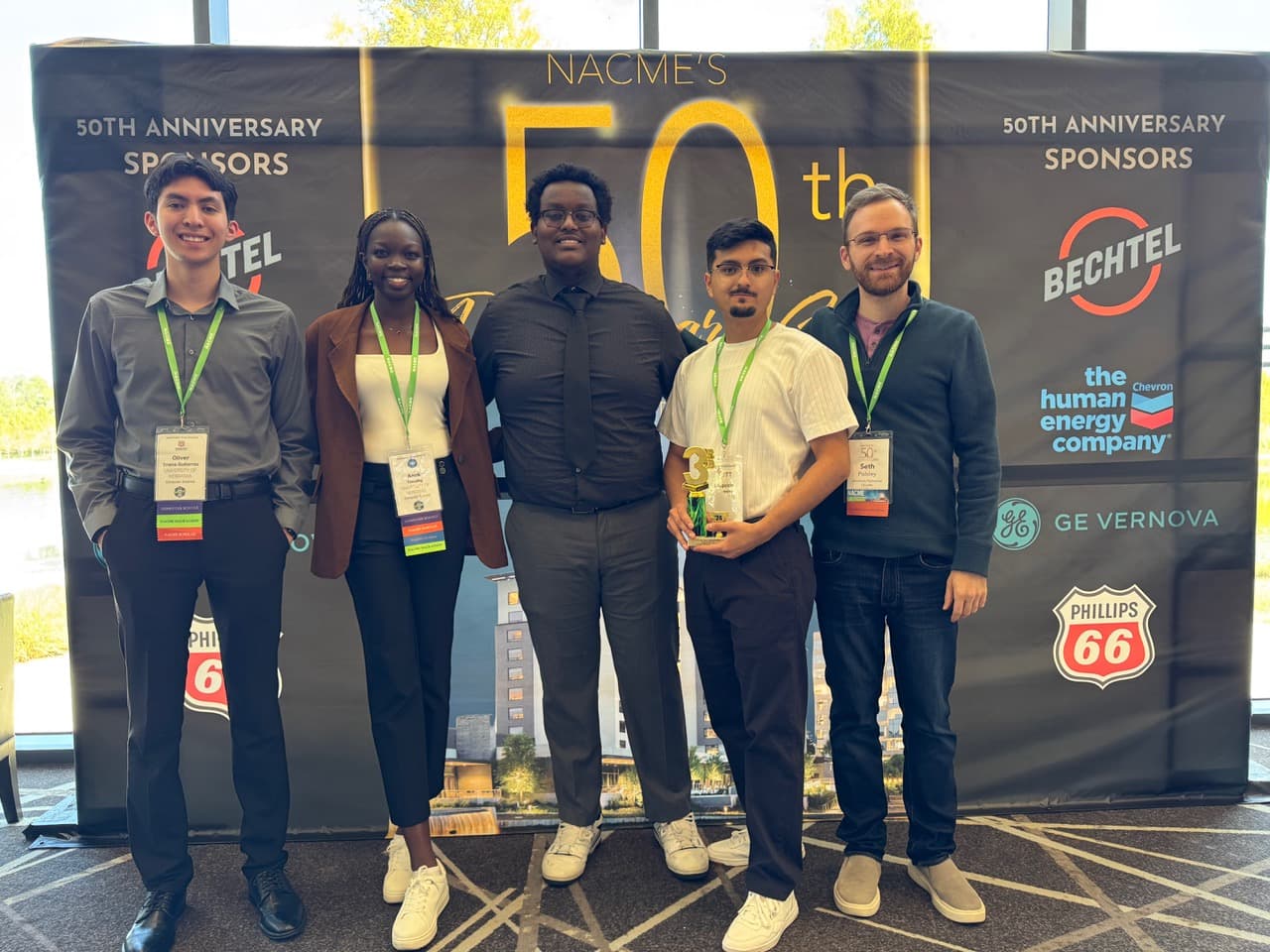 Oliver Triana Gutierrez, Anok Timothy, Yohannes Hailu, Leopoldo Hernandez, and Seth Polsley at the NACME Conference in Houston.